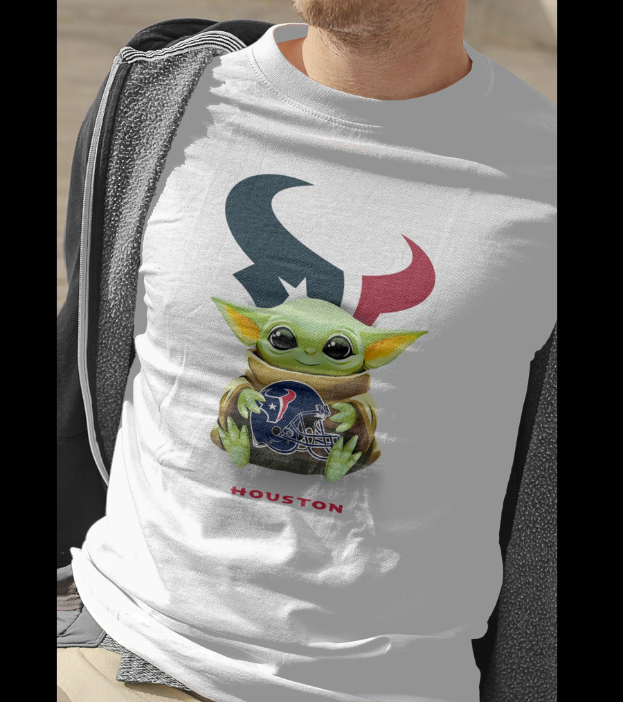 Star Wars Baby Yoda Holding Houston Texans Helmet With Logo On White T-Shirt