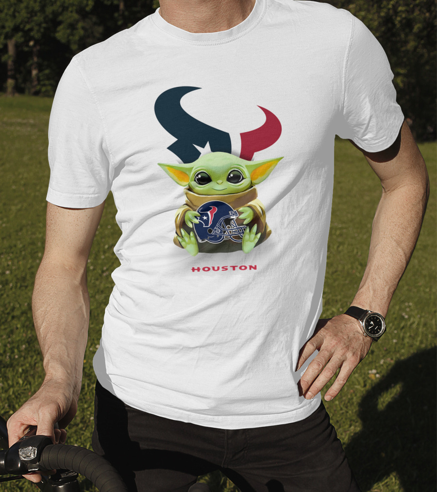 Star Wars Baby Yoda Holding Houston Texans Helmet With Logo On White T-Shirt