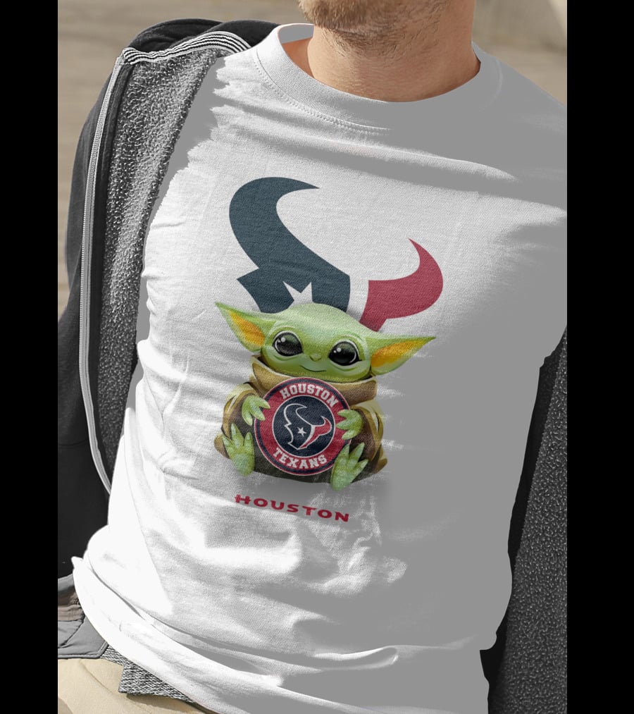 Star Wars Baby Yoda Holding Houston Texans Emblem With Houston Text T-Shirt