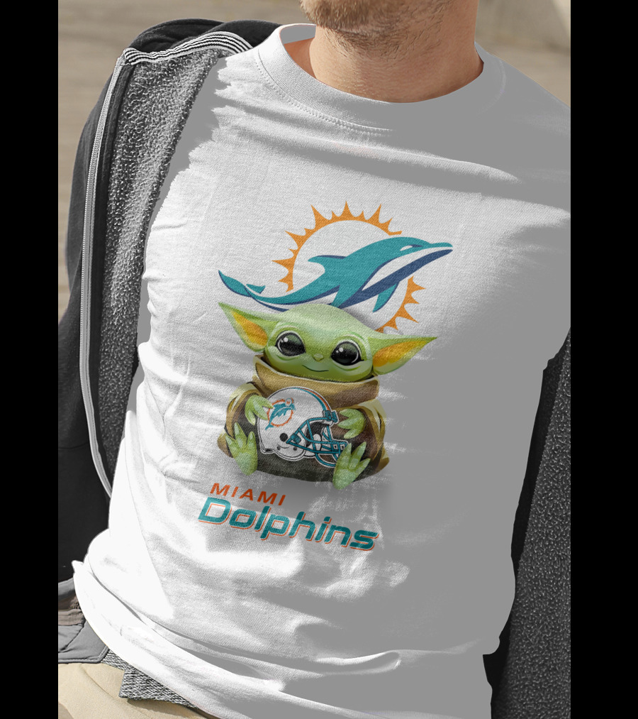 Star Wars Baby Yoda Miami Dolphins Helmet Hug White T-Shirt