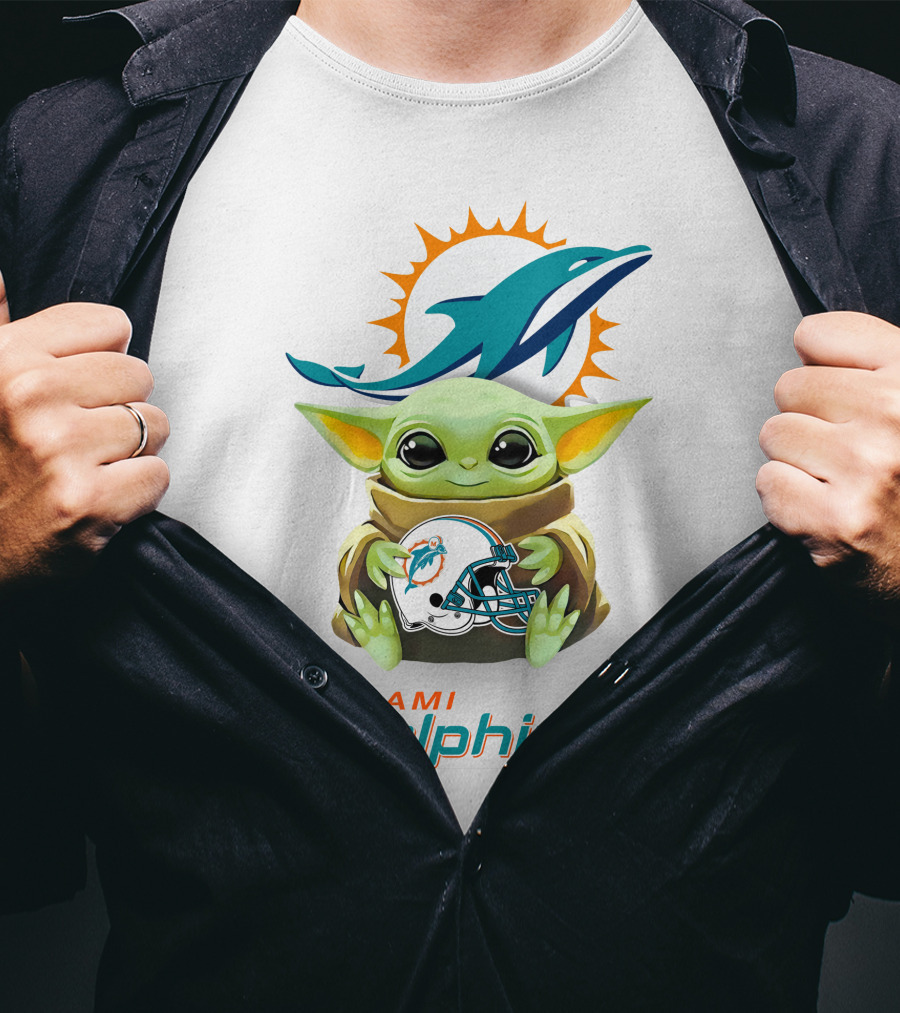 Star Wars Baby Yoda Miami Dolphins Helmet Hug White T-Shirt