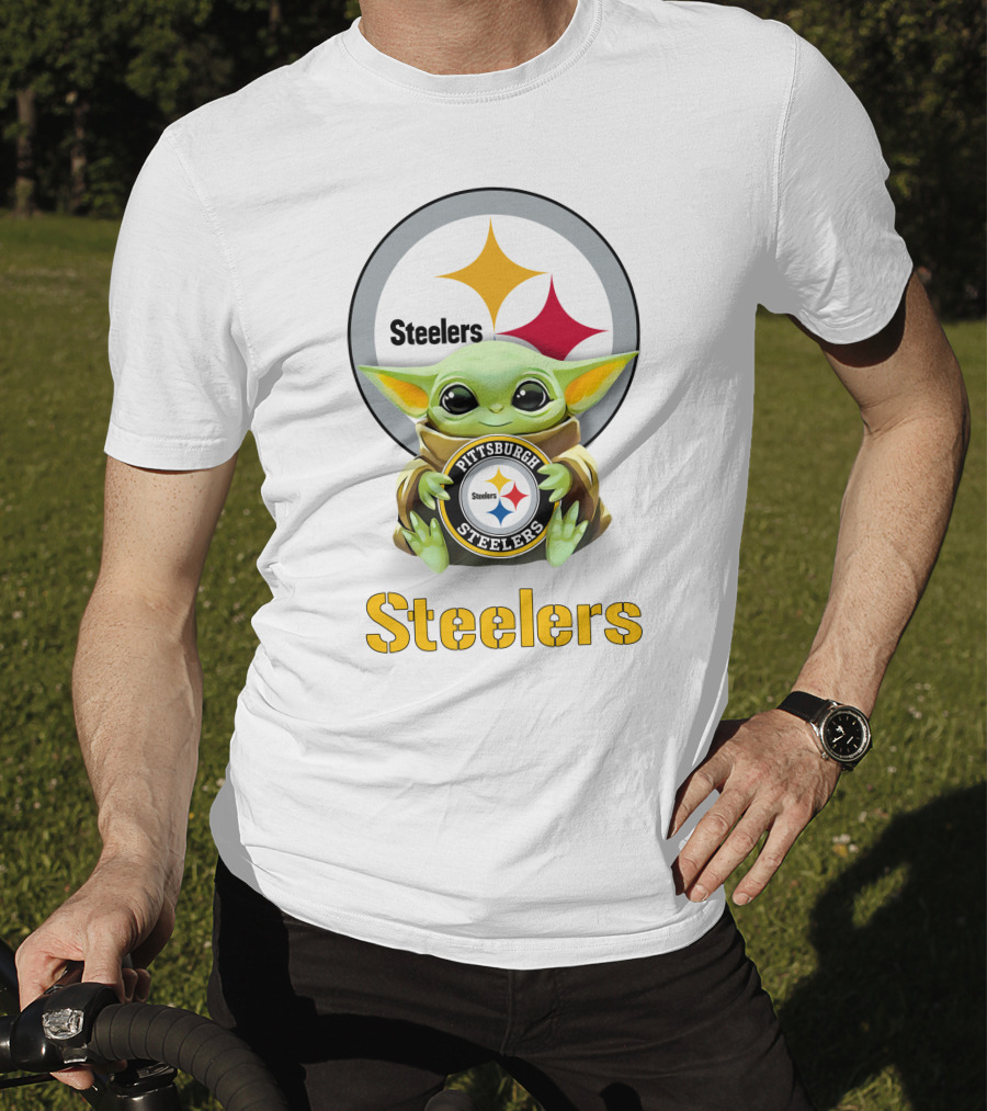 Star Wars Baby Yoda Hugging Pittsburgh Steelers Logo Steelers T-Shirt