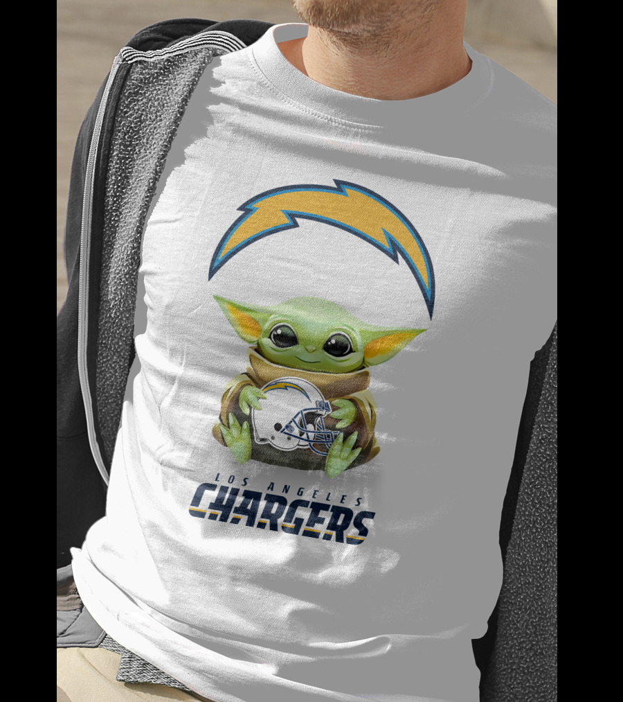 Star Wars Baby Yoda Hug Los Angeles Chargers Helmet White T-Shirt