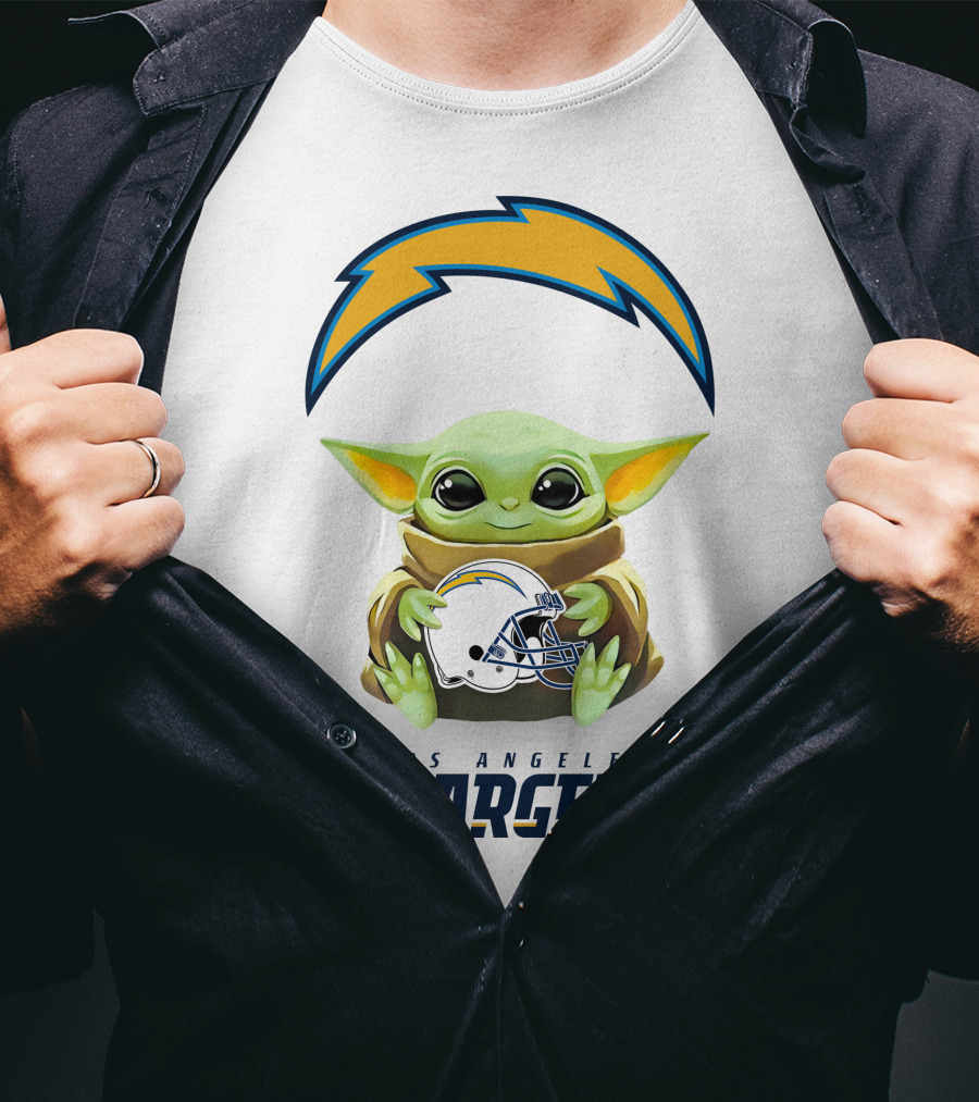 Star Wars Baby Yoda Hug Los Angeles Chargers Helmet White T-Shirt