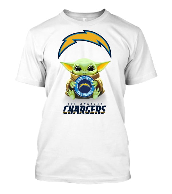 Baby Yoda Holding San Diego Chargers Logo With Los Angeles Chargers Text T-Shirt