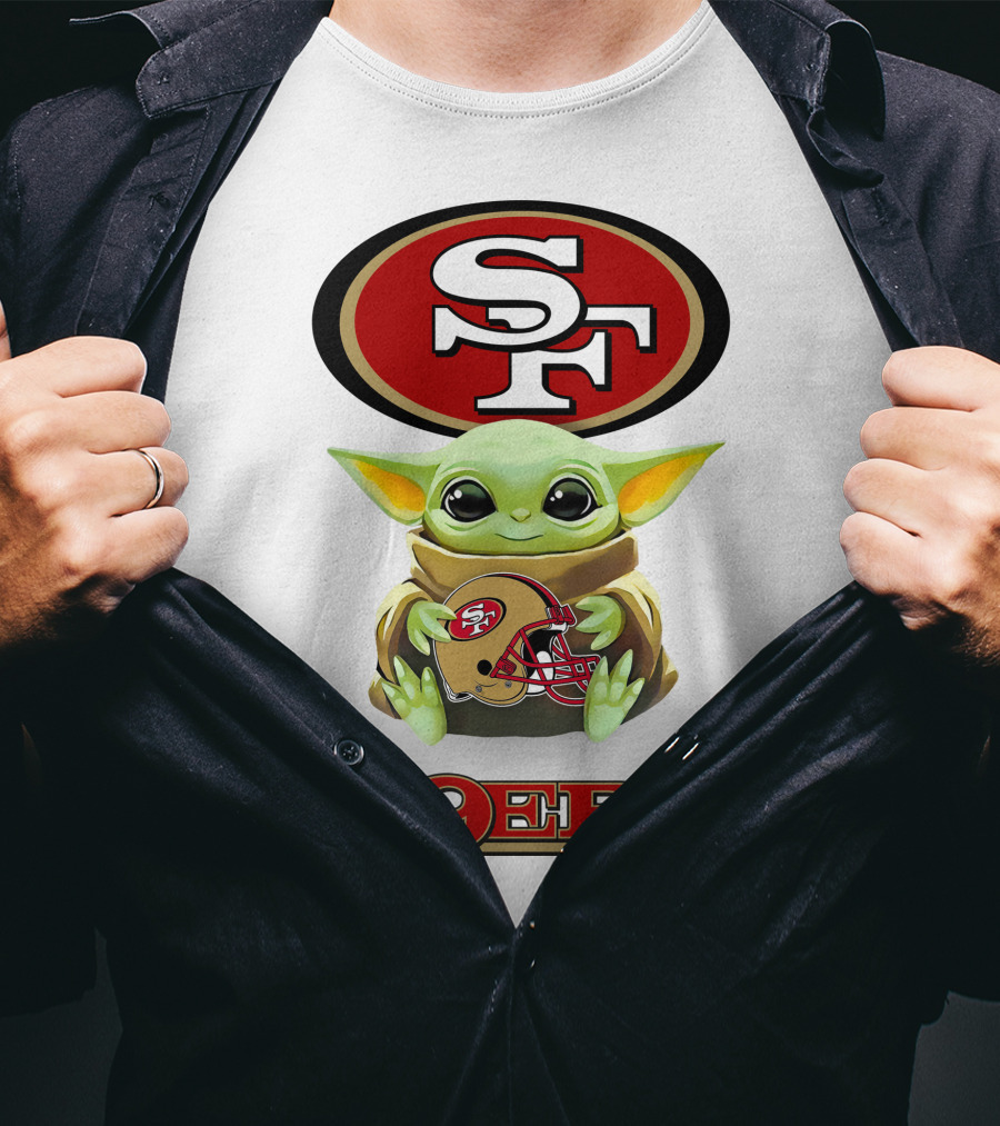 Star Wars Baby Yoda Holding San Francisco 49ers Helmet Logo SF 49ers T-Shirt