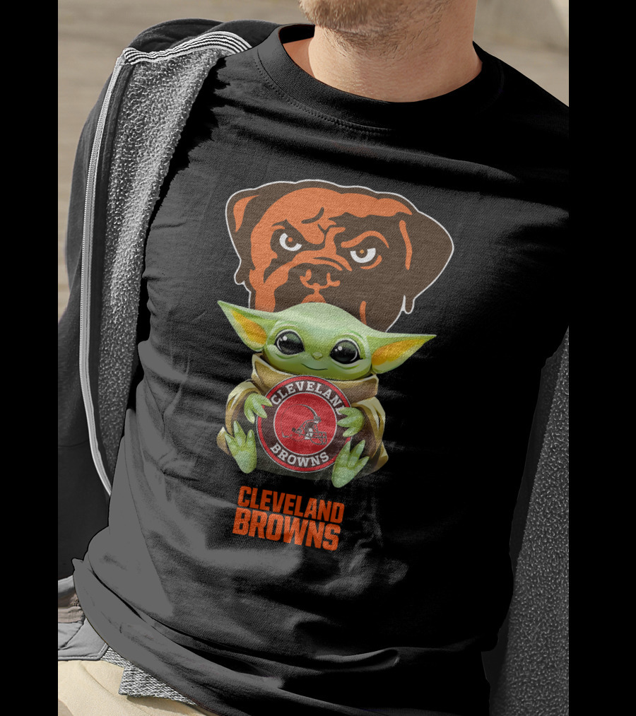 Grogu Holding Cleveland Browns Emblem With Team Mastiff Background T-Shirt