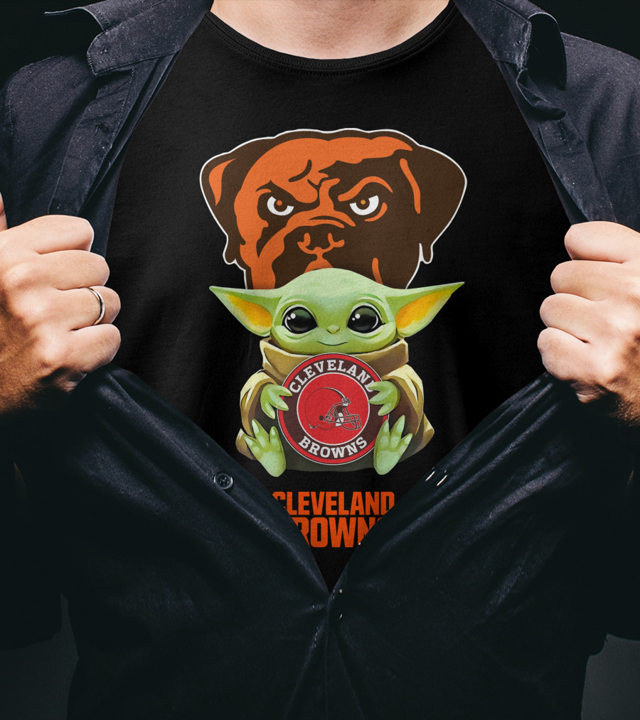 Grogu Holding Cleveland Browns Emblem With Team Mastiff Background T-Shirt