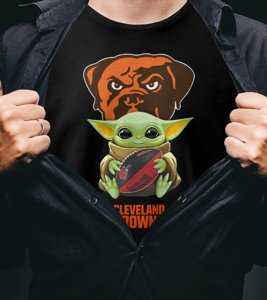 Grogu Hugging Football With Cleveland Browns Logo Tailgate T-Shirt