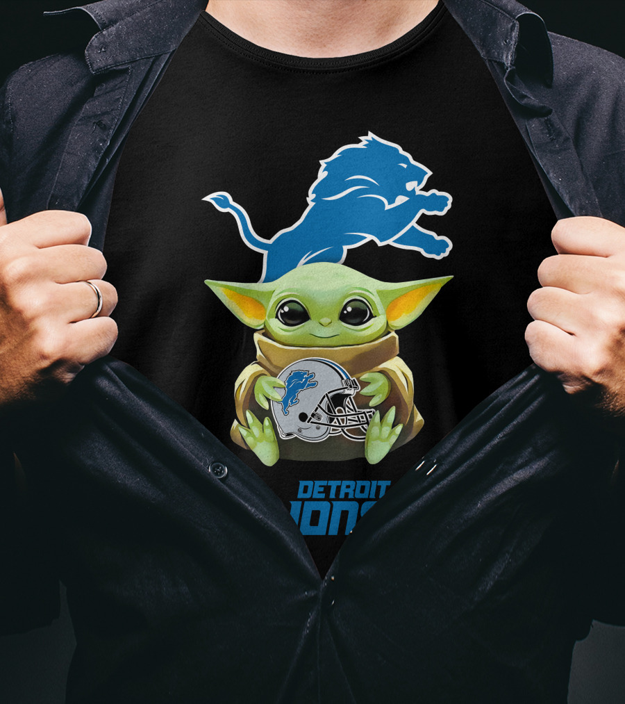Grogu Holding Detroit Lions Helmet With Team T-Shirt