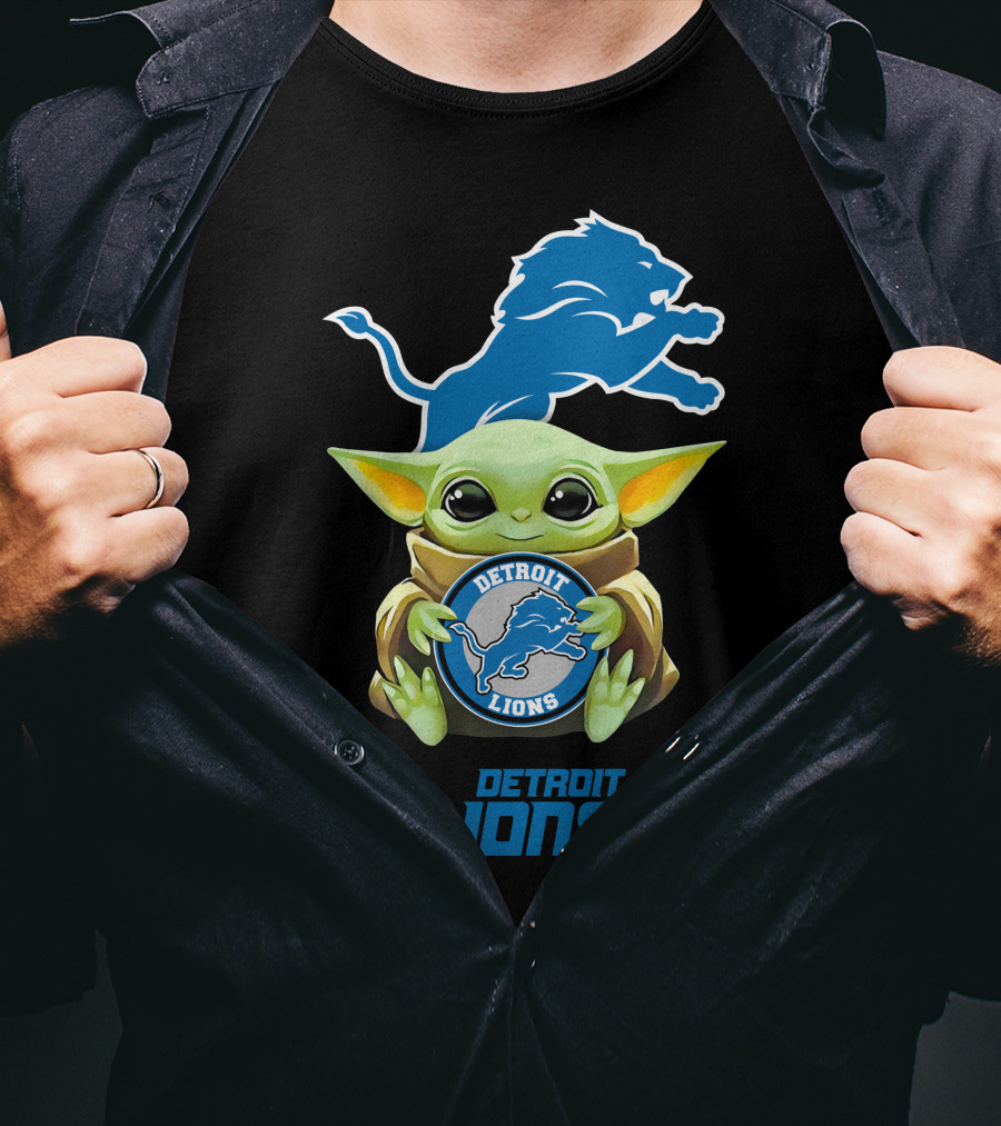 Grogu Holding Detroit Lions Emblem T-Shirt