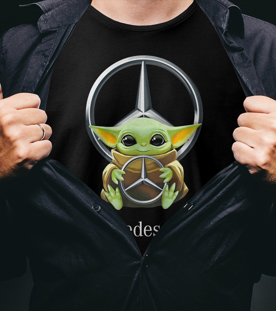Grogu Hugging Mercedes-Benz Emblem On Black T-Shirt