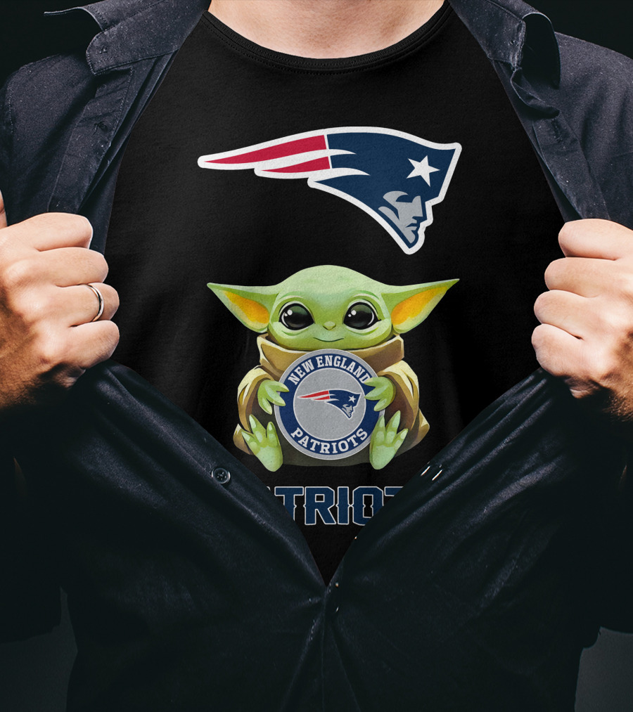 Grogu Embracing New England Patriots Logo With Mascot And Team Name T-Shirt