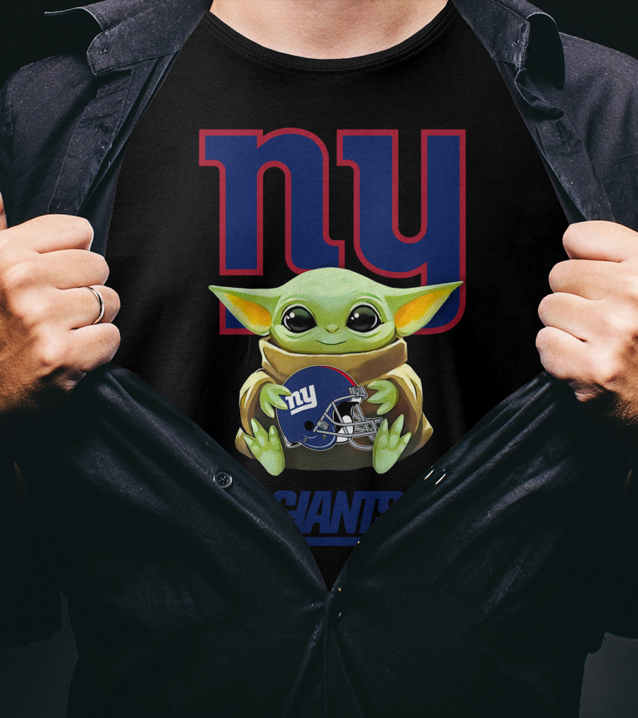 Grogu Holding New York Giants Football Helmet NYC Blue T-Shirt