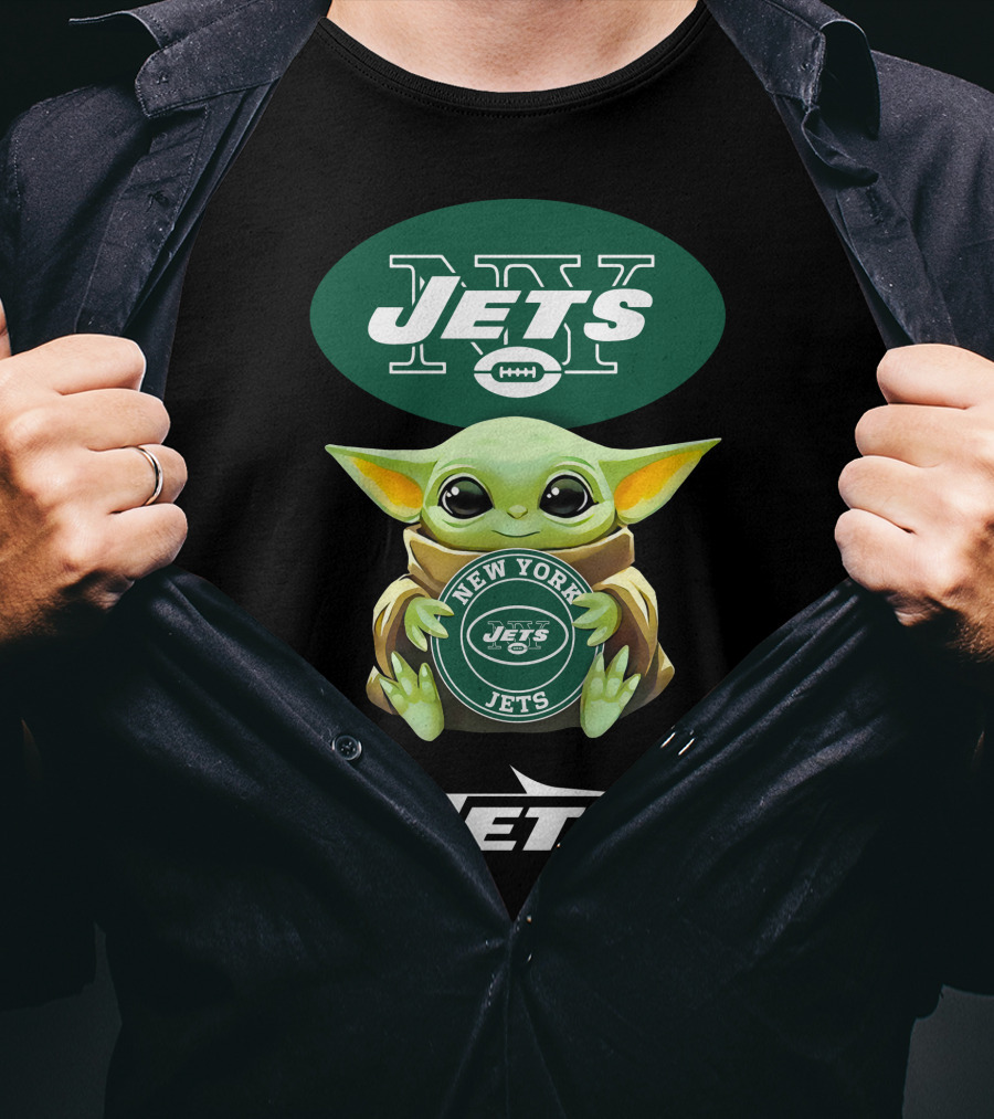 Grogu Holding New York Jets Emblem And Logo Combination T-Shirt