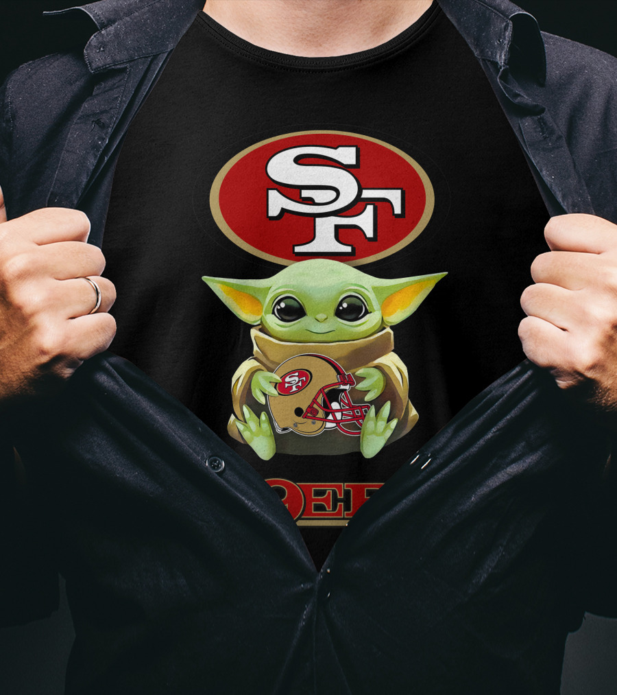 Grogu Holding San Francisco 49ers SF Logo Helmet 49ers T-Shirt