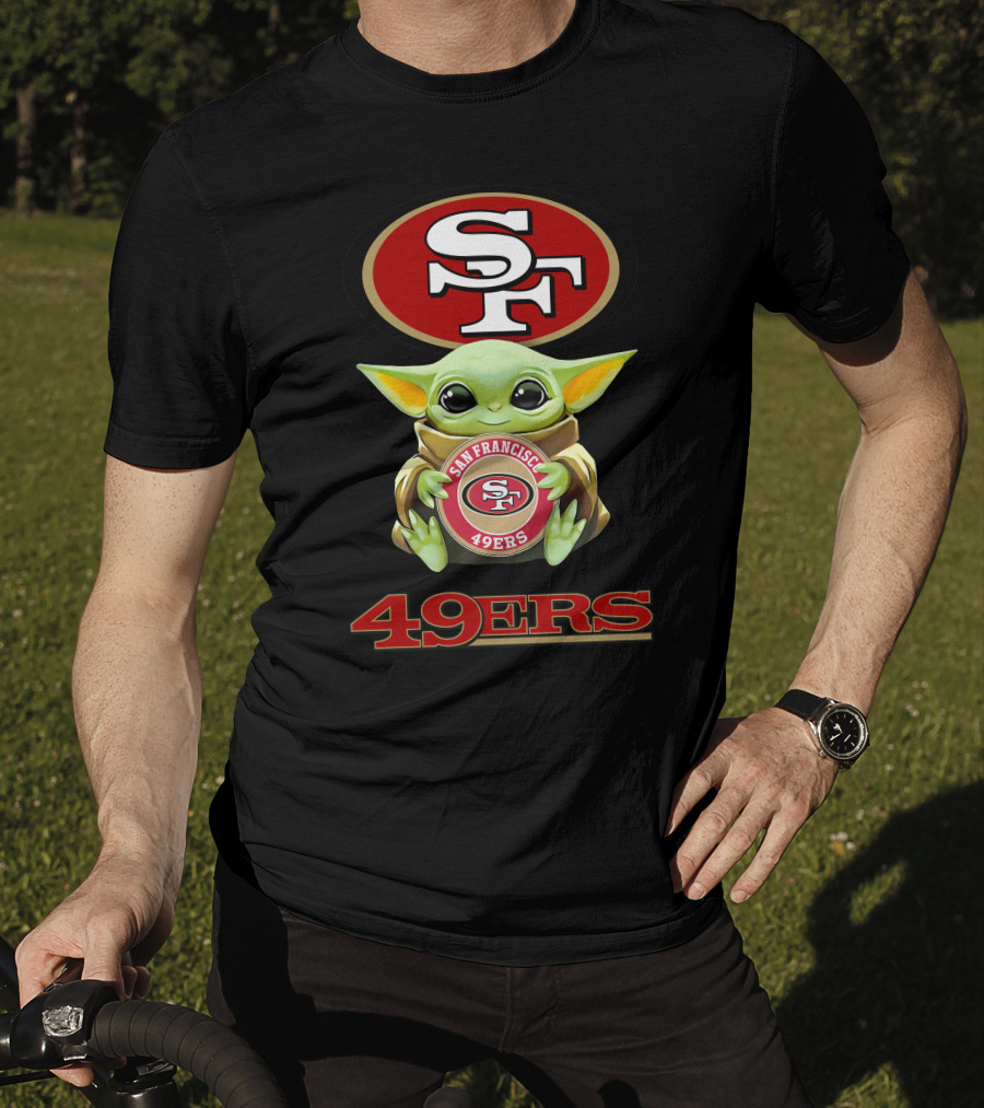 Grogu Holding San Francisco 49ers SF Logo With 49ers Text T-Shirt