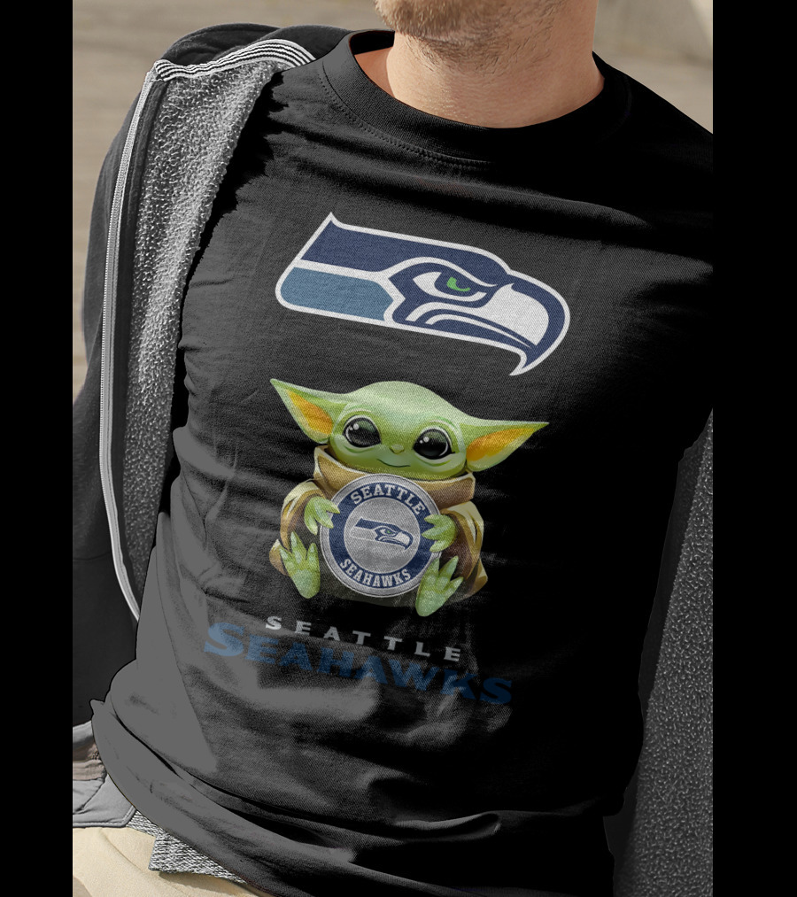 Grogu Holding Seattle Seahawks Logo Emblem With Team Name T-Shirt