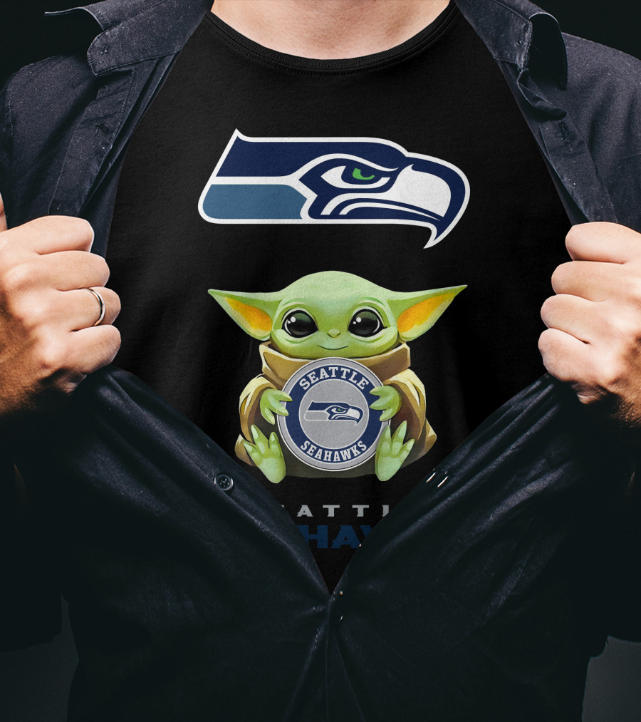 Grogu Holding Seattle Seahawks Logo Emblem With Team Name T-Shirt
