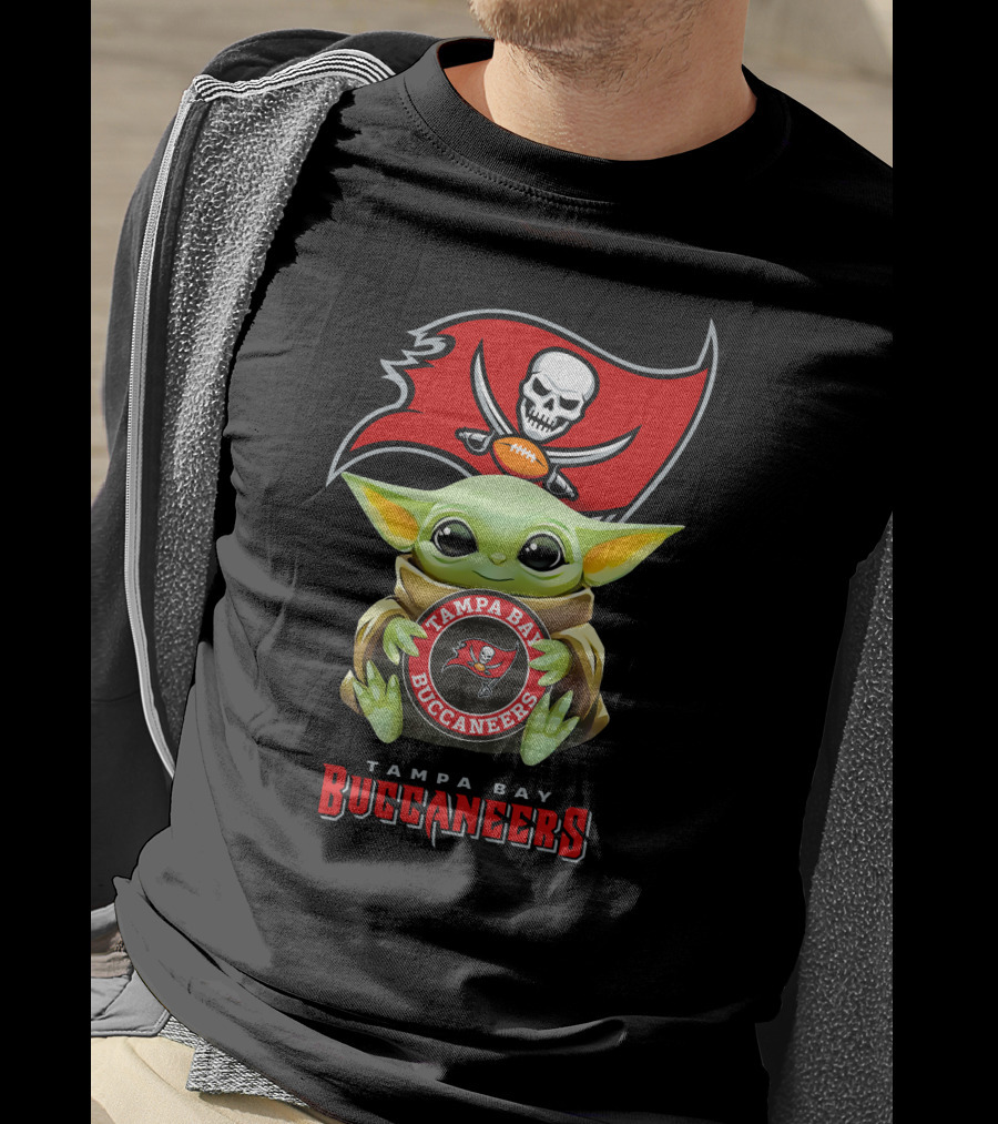 Tampa Bay Buccaneers Grogu Holding Team Logo With Pirate Flag T-Shirt
