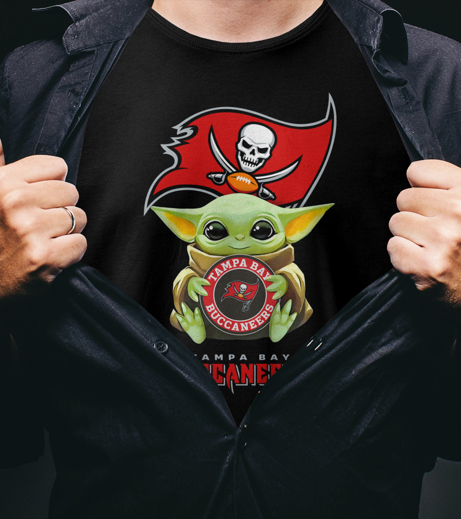 Tampa Bay Buccaneers Grogu Holding Team Logo With Pirate Flag T-Shirt