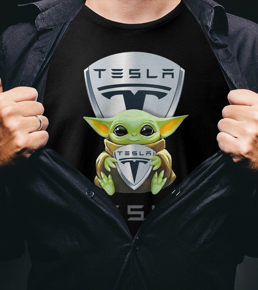 Grogu Holding Tesla Logo Shield Emblem T-Shirt