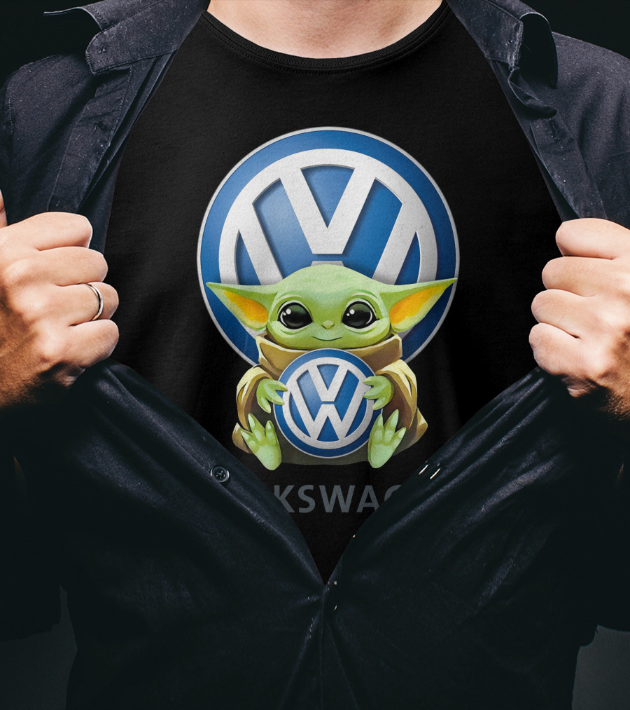 Grogu Holding Volkswagen Logo With Volkswagen Aktiengesellschaft Text T-Shirt