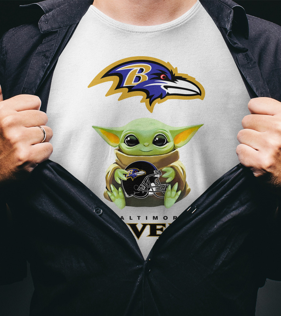 Baltimore Ravens Baby Yoda Hugging Football Helmet Logo Ravens T-Shirt
