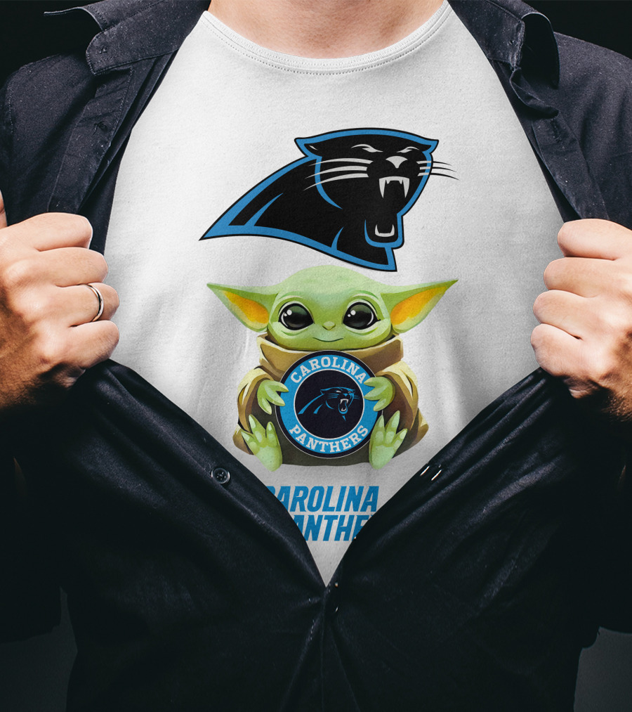 Grogu Holding Carolina Panthers Emblem With Team Logo In White T-Shirt