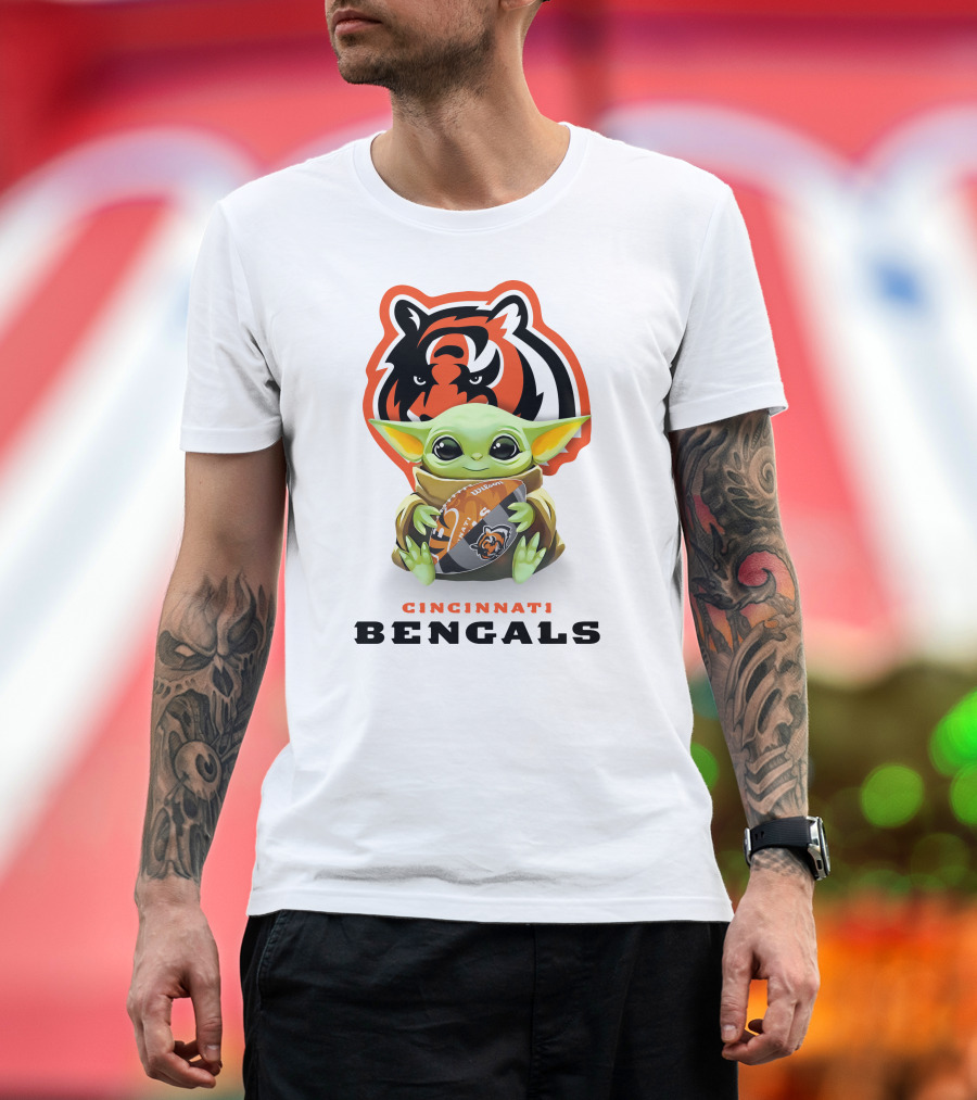 Grogu Holding Cincinnati Bengals Football with Bengals T-Shirt