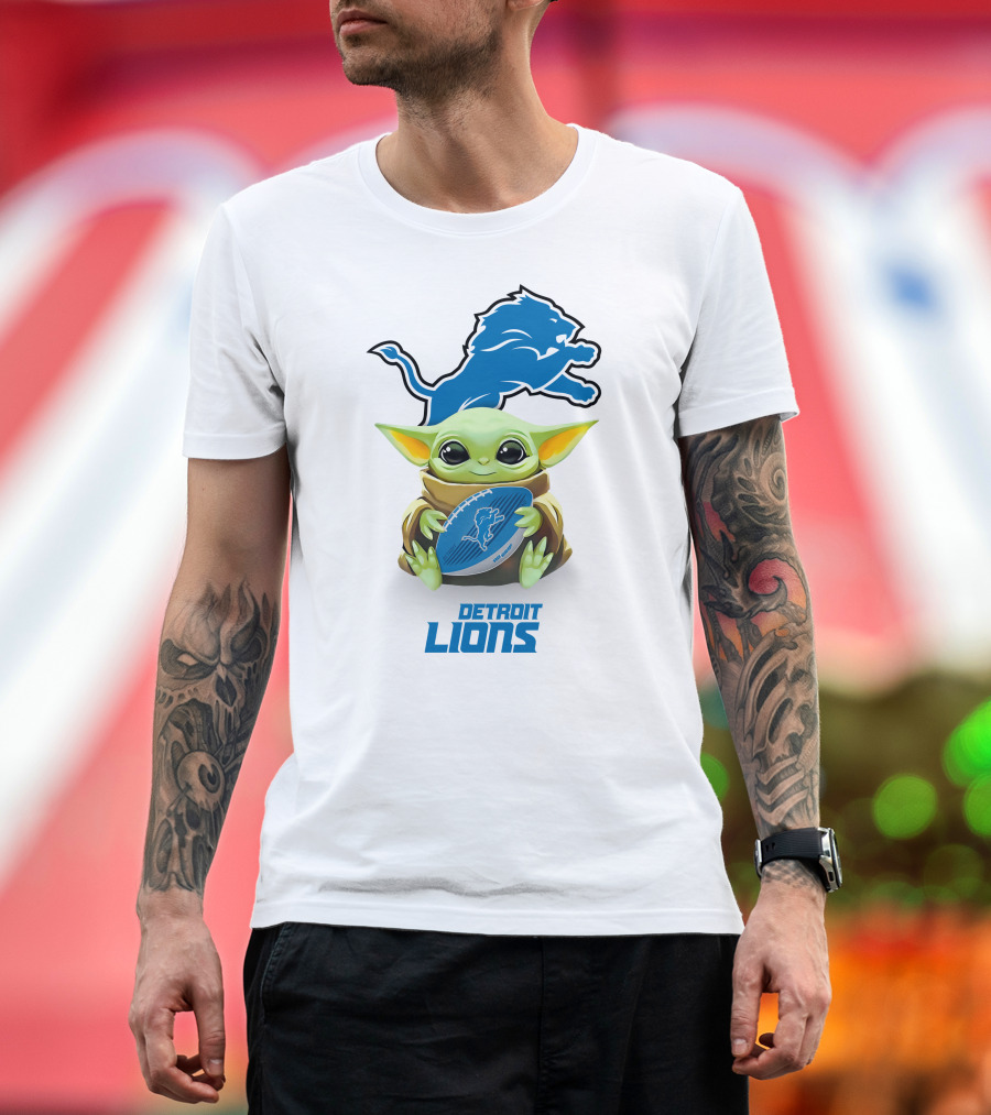 Grogu Holding Detroit Lions Football with Team T-Shirt
