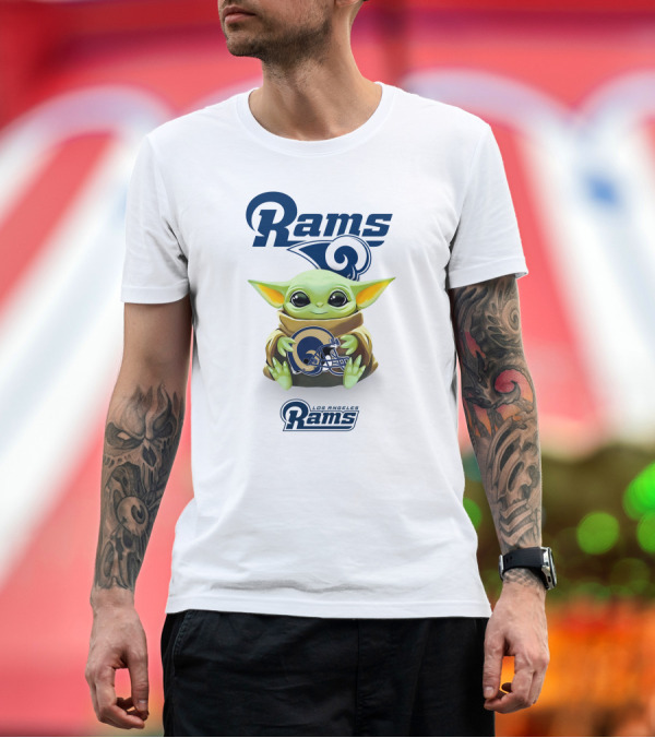 Premium T-Shirt: Grogu Holding Los Angeles Rams Helmet with Rams T-Shirt Grogu Holding Los Angeles Rams Helmet with Rams T-Shirt
