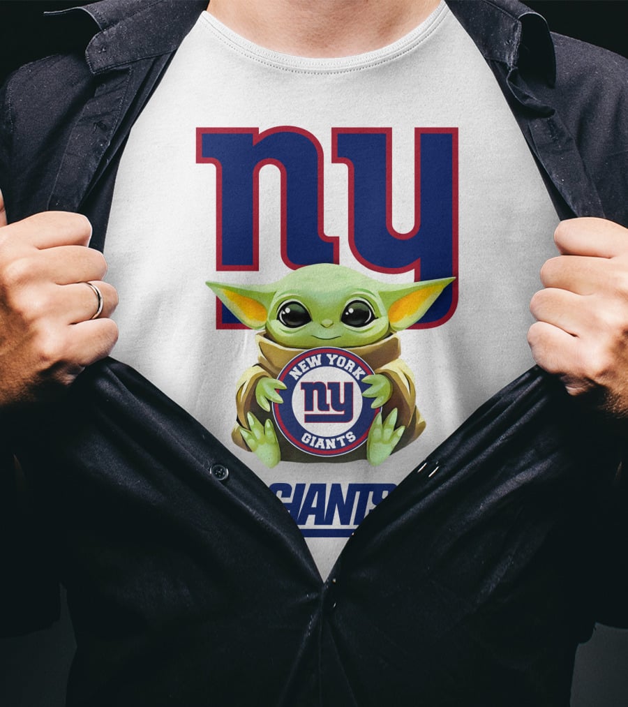 Grogu Holding New York Giants Logo With Giants Text In White T-Shirt