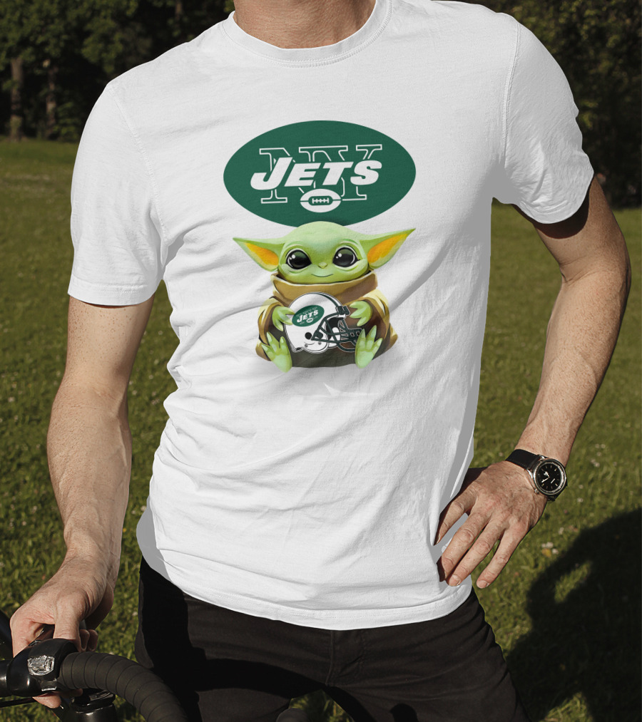 Grogu Holding New York Jets Football Helmet With Team T-Shirt