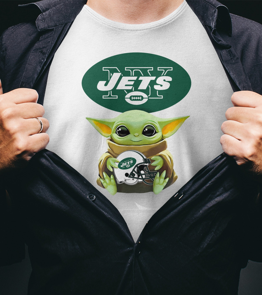 Grogu Holding New York Jets Football Helmet With Team T-Shirt