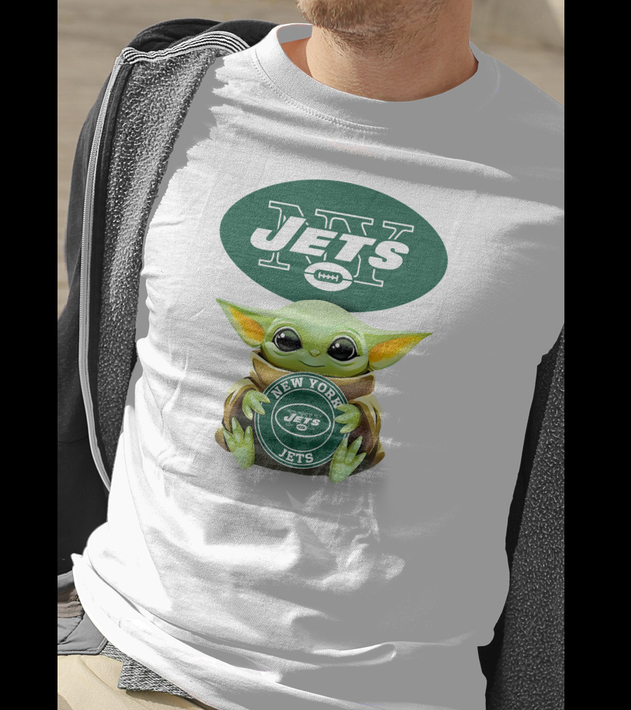 Grogu Holding New York Jets Emblem With NY Jets T-Shirt