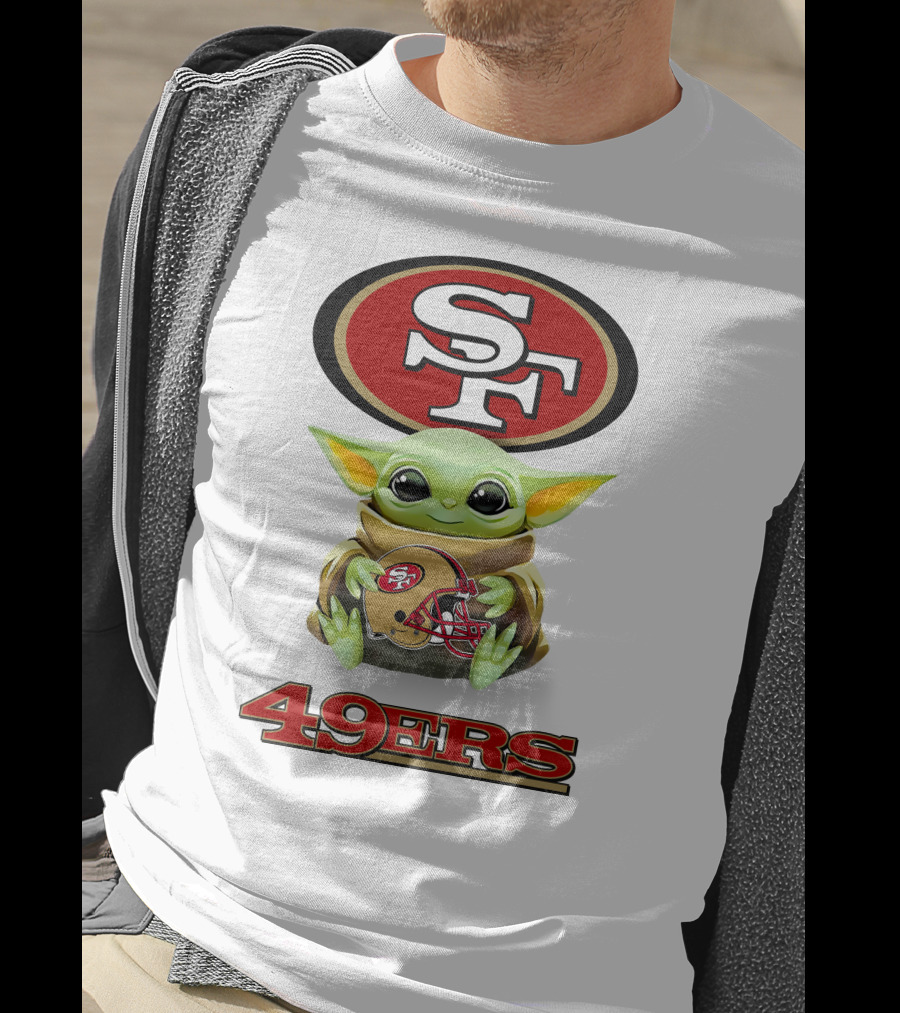 Grogu Hugging San Francisco 49ers SF Helmet Logo 49ers White T-Shirt