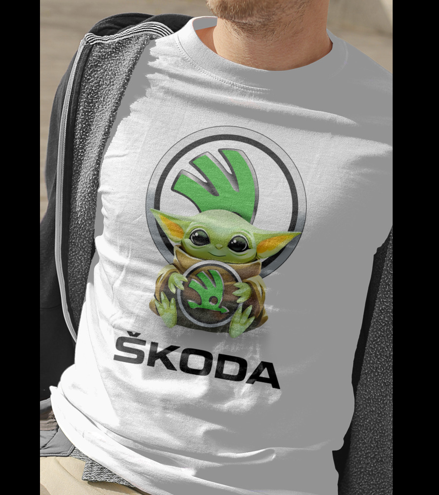 Grogu With Škoda Emblem Hugging Icon With White Background T-Shirt