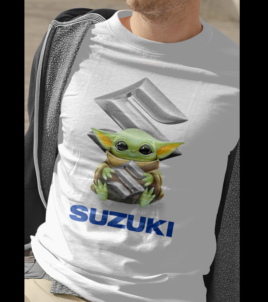 Grogu Hugging Suzuki Logo With Silver Emblem And Brown Cloak T-Shirt