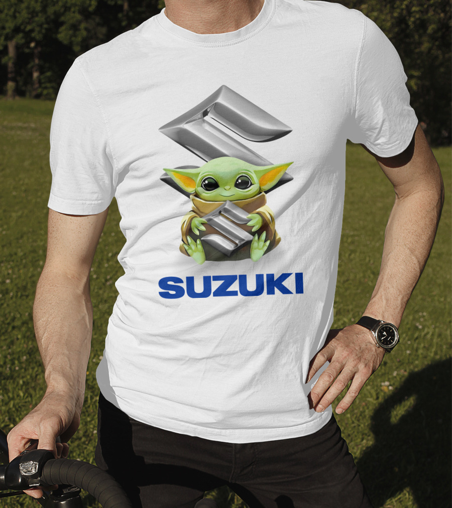 Grogu Hugging Suzuki Logo With Silver Emblem And Brown Cloak T-Shirt