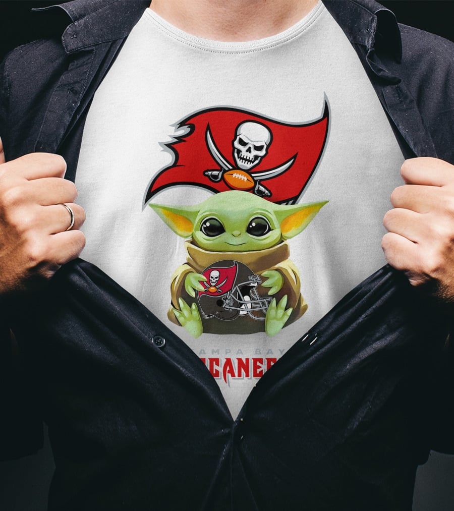 Grogu Hug Tampa Bay Buccaneers Helmet With Flag T-Shirt