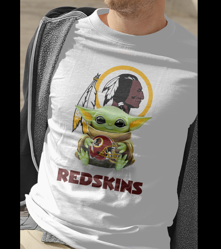 Grogu Hugging Washington Redskins Helmet With Classic Redskins T-Shirt