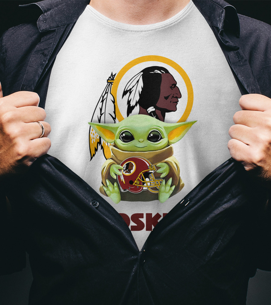Grogu Hugging Washington Redskins Helmet With Classic Redskins T-Shirt