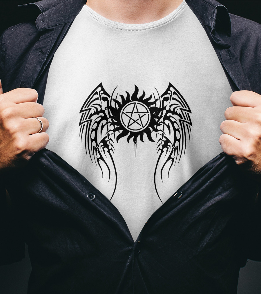 SPN Anti-Possession Symbol With Tribal Angel Wings T-Shirt