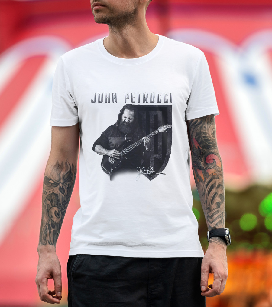 John Petrucci Guitarist Black and White Portrait with Signature T-Shirt