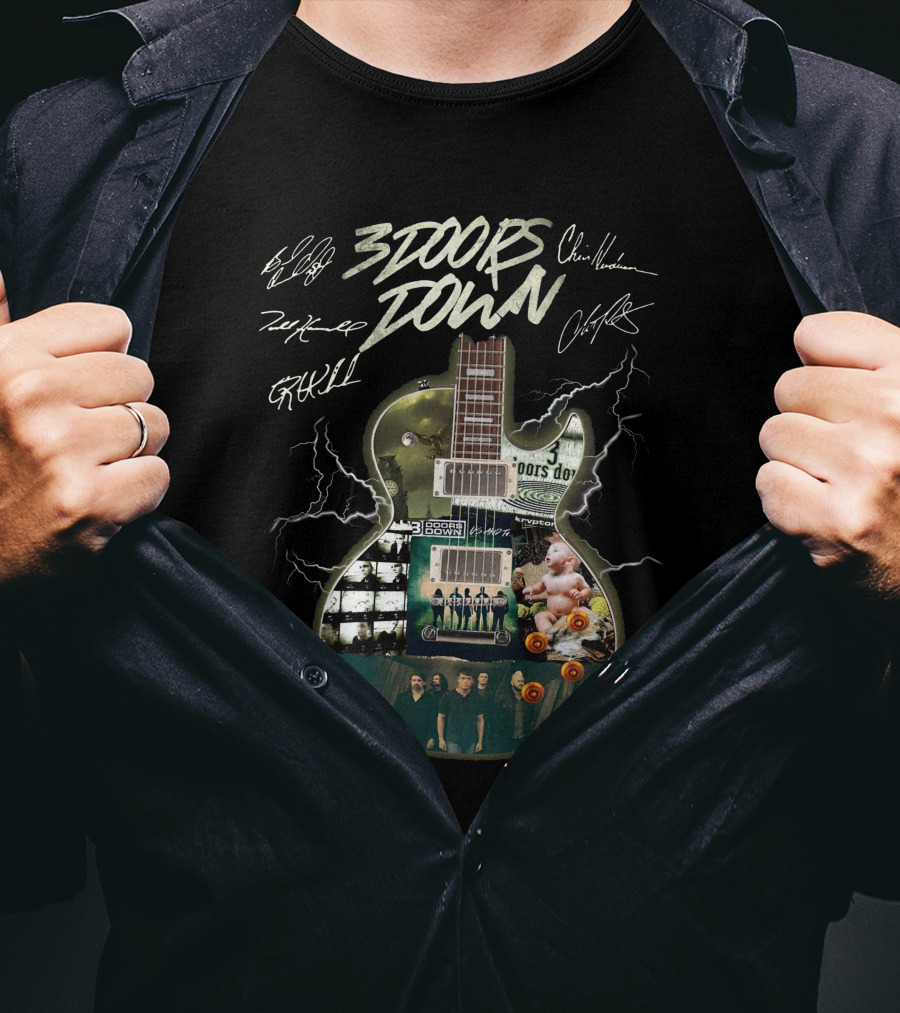 3 Doors Down Guitar Lightning Collage With Band Signatures T-Shirt