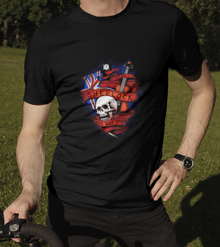 Sherlock Bored Skull Violin Union Jack 221B Baker Street T-Shirt