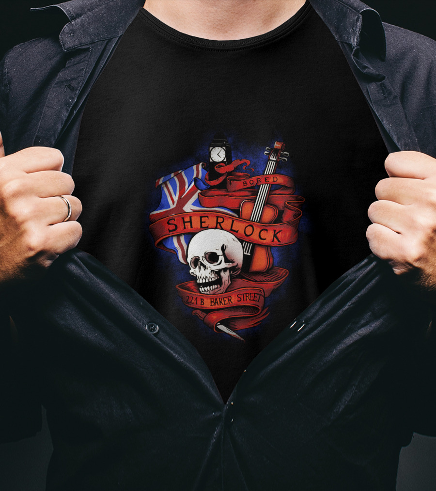 Sherlock Bored Skull Violin Union Jack 221B Baker Street T-Shirt