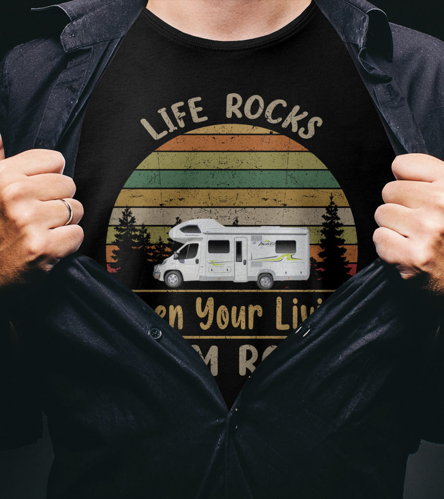 Life Rocks When Your Living Room Rolls Avan Motorhome Vintage Stripes T-Shirt