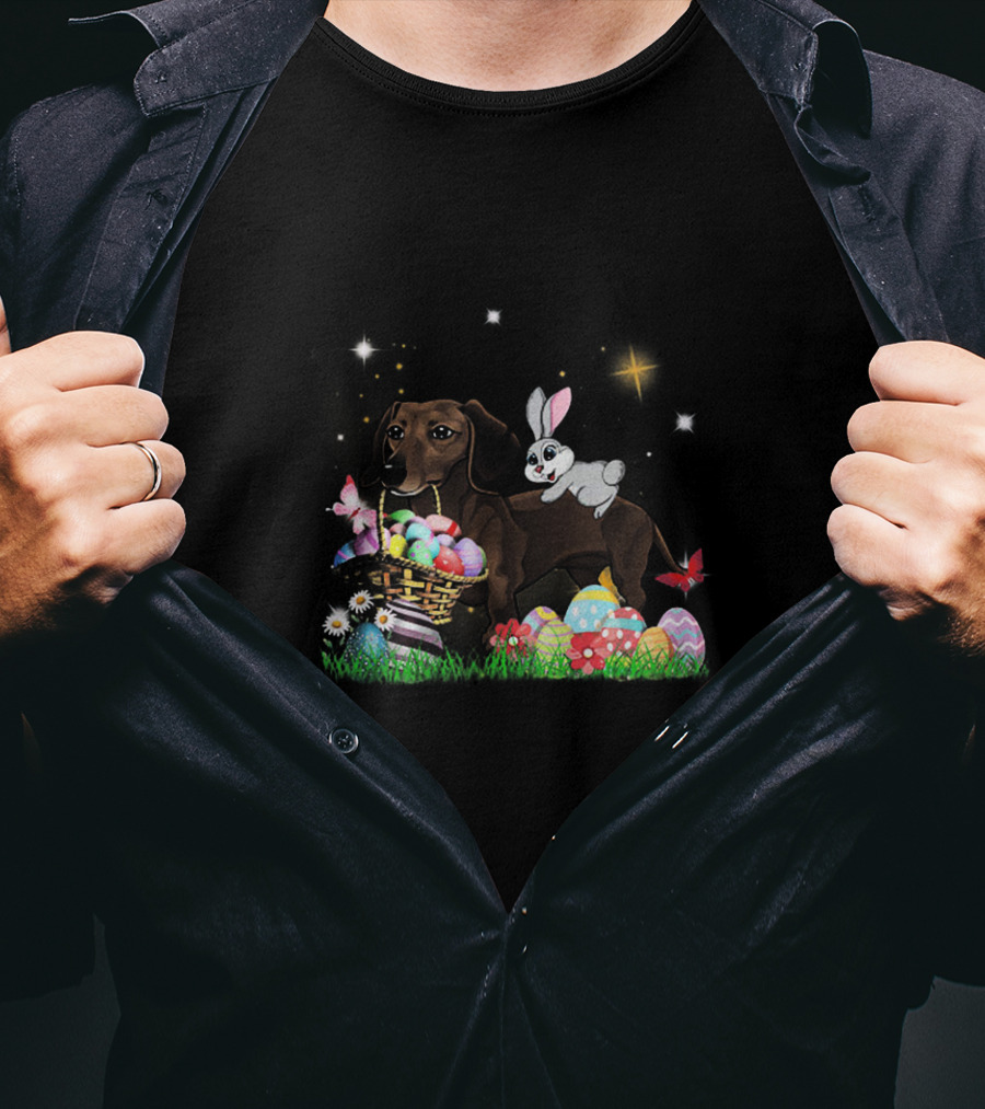 Dachshund With Easter Basket Rabbit And Colorful Eggs Under Stars T-Shirt